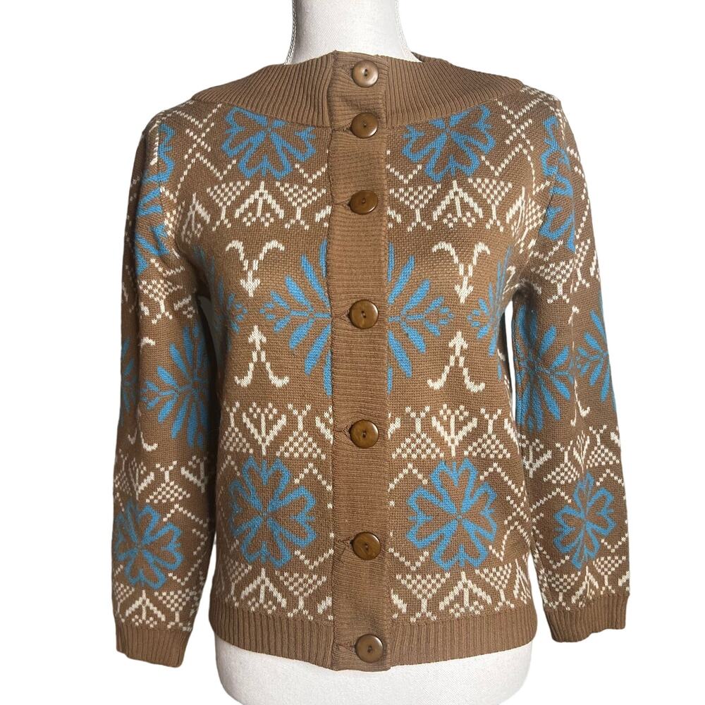 Vintage 60s Sz Small Catalina Nordic Jacquard Nordic Button Front Wool Cardigan